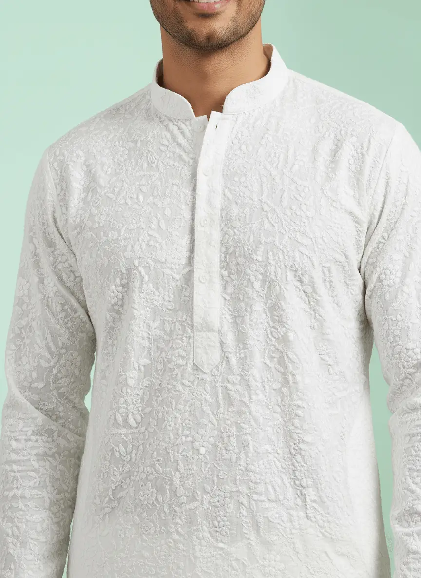 LCF White Textured Men Chikan Kurta view 4