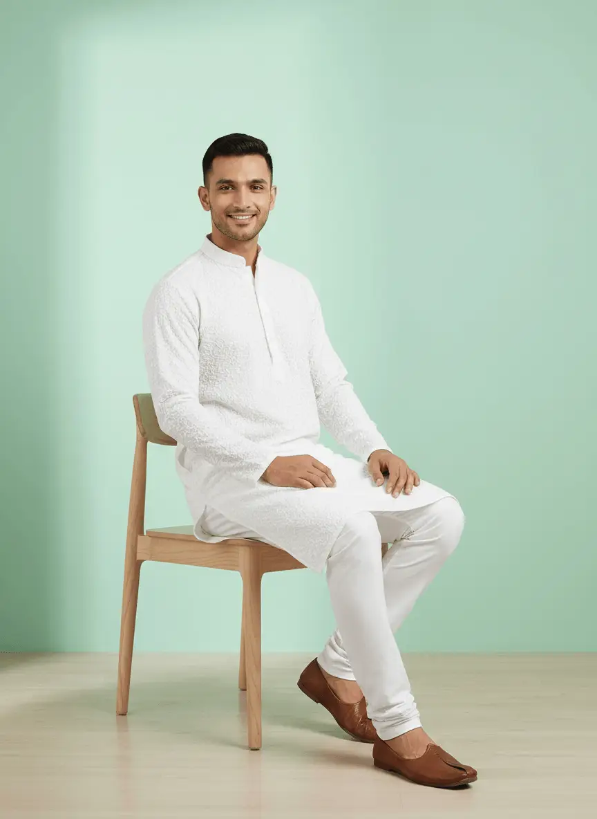 LCF White Textured Men Chikan Kurta view 5