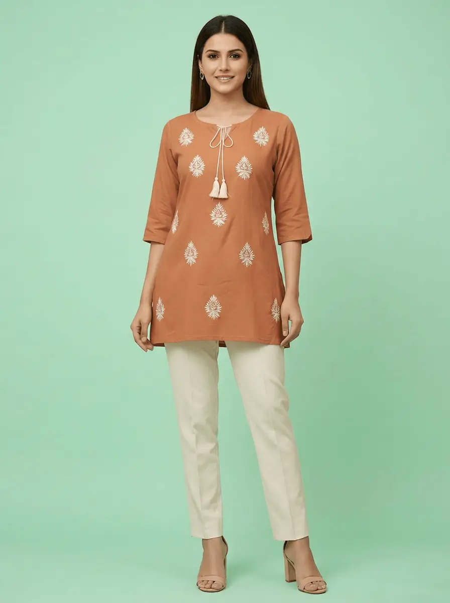 LCF Hand Embroidered Chikan Short Kurti - Beige view 2