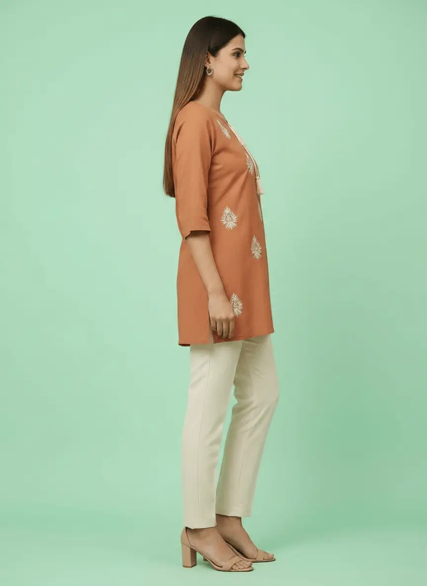 LCF Hand Embroidered Chikan Short Kurti - Beige view 3