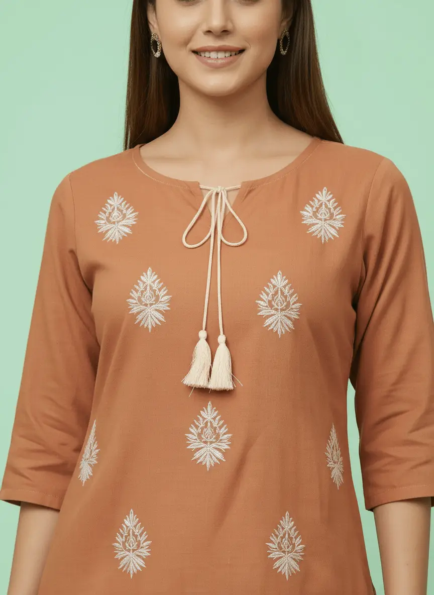 LCF Hand Embroidered Chikan Short Kurti - Beige view 4