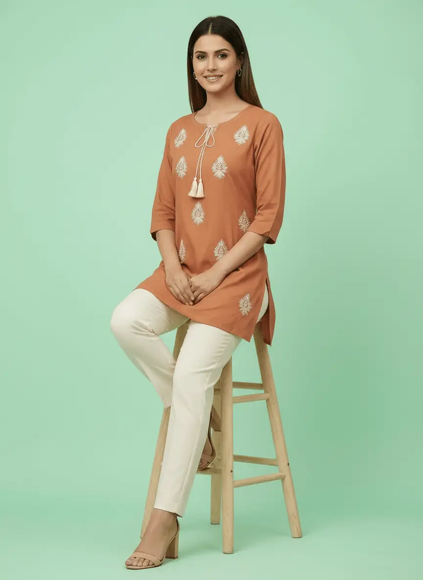 LCF Hand Embroidered Chikan Short Kurti - Beige view 5