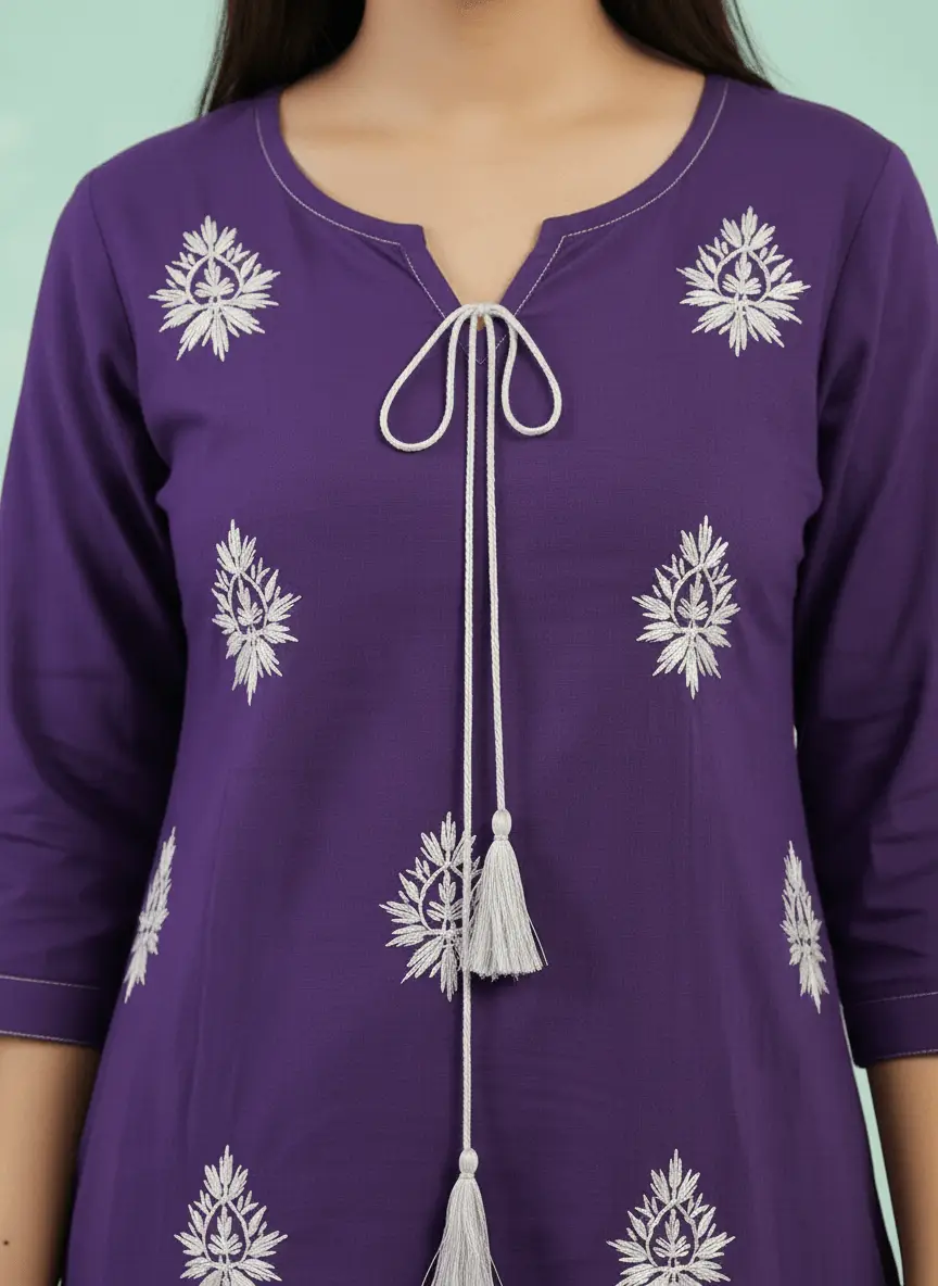 LCF Hand Embroidered Chikan Short Kurti - Purple view 3