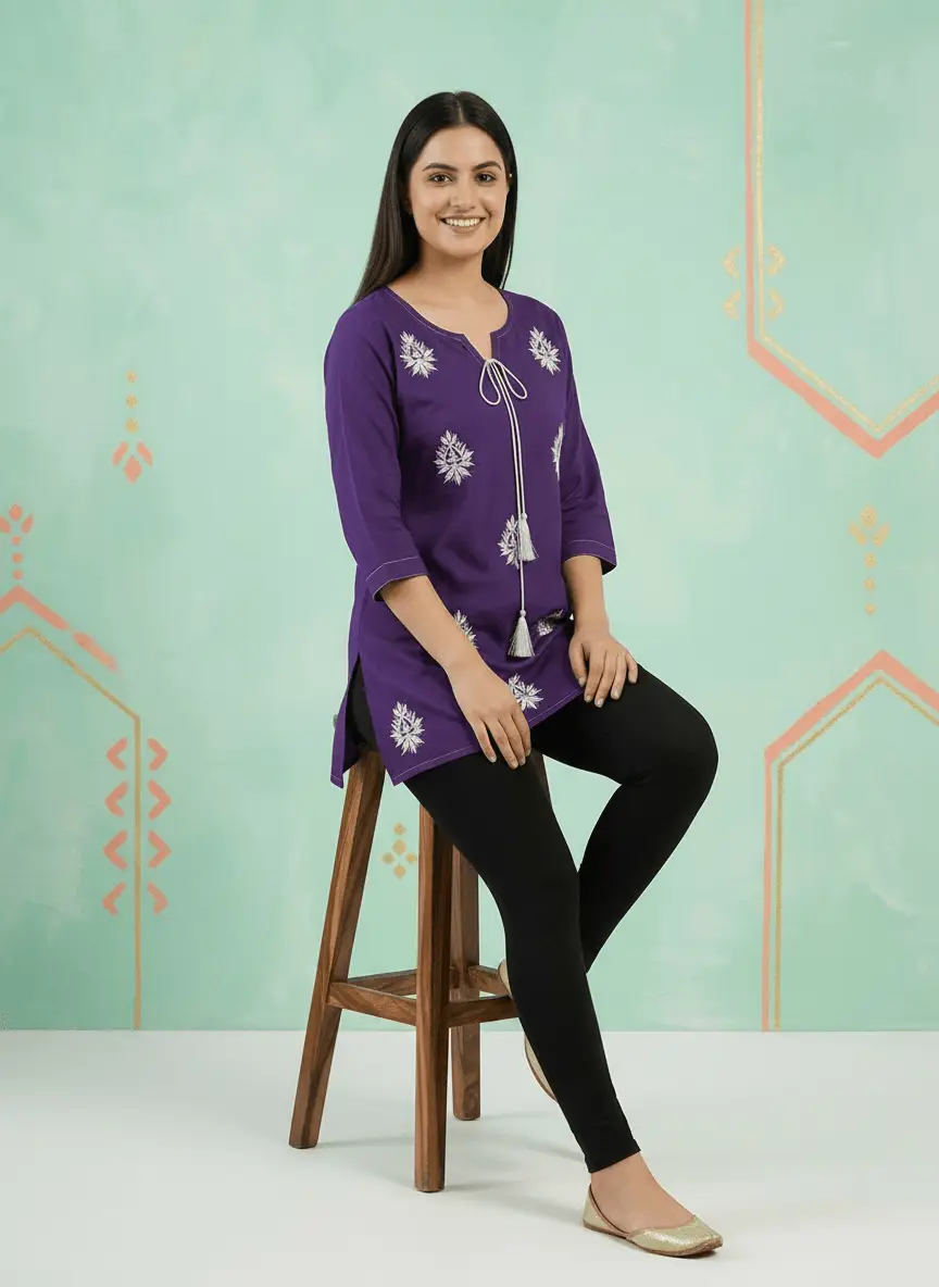 LCF Hand Embroidered Chikan Short Kurti - Purple view 4
