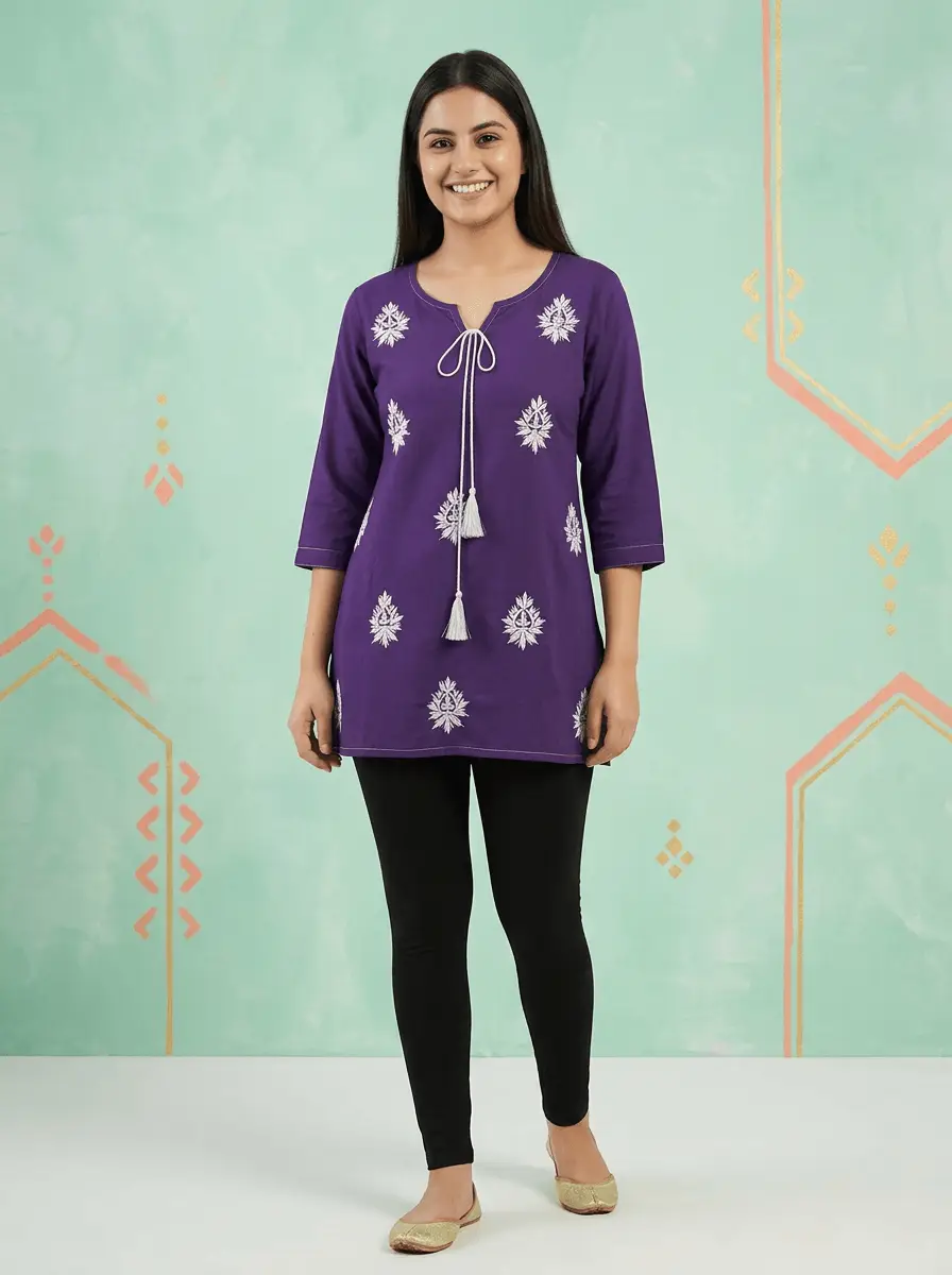 LCF Hand Embroidered Chikan Short Kurti - Purple view 5