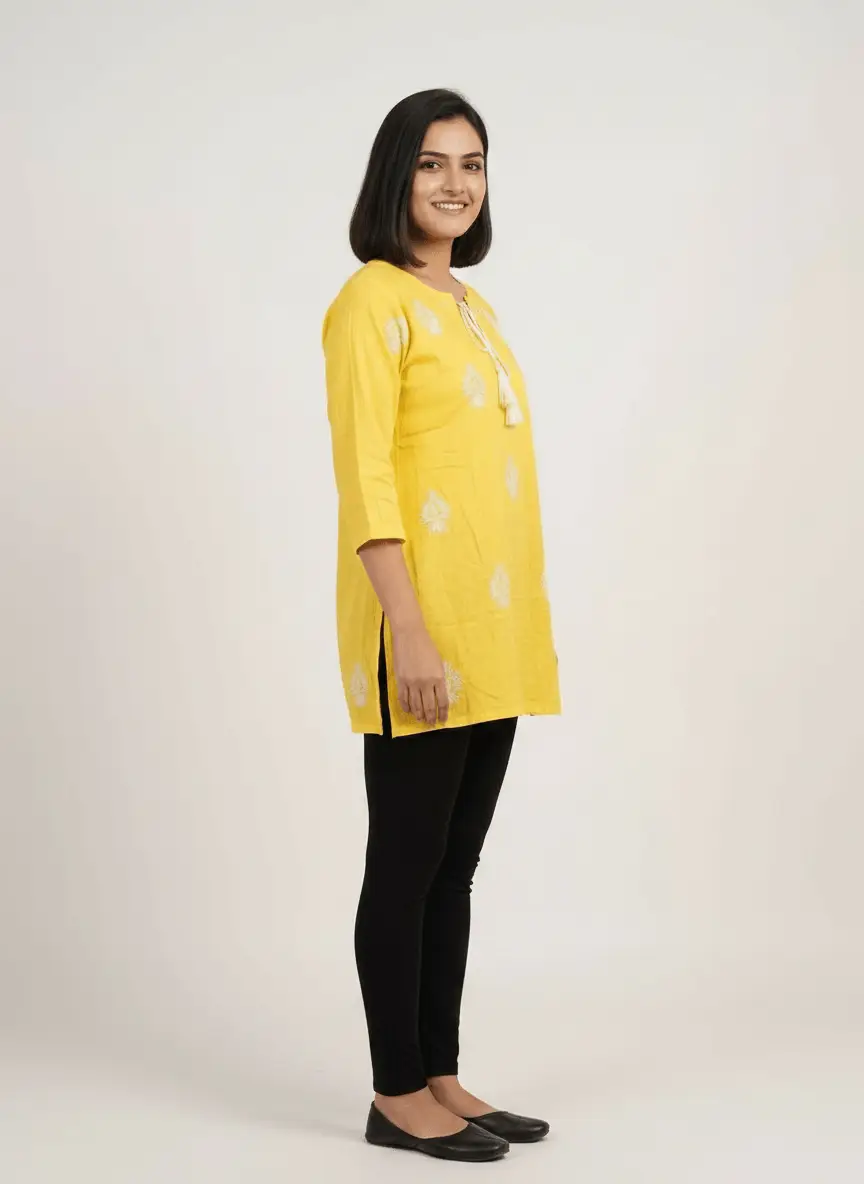 LCF Hand Embroidered Chikan Short Kurti - Yellow