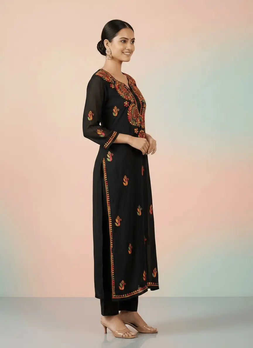 LCF Chiffon Hand Embroidered Chikankari Kurti - Multi Color Threads view 2