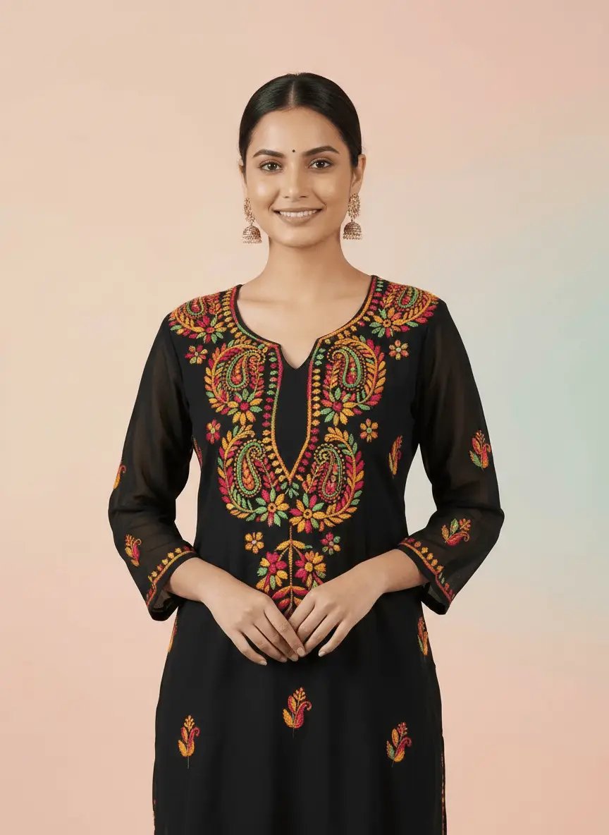 LCF Chiffon Hand Embroidered Chikankari Kurti - Multi Color Threads view 3