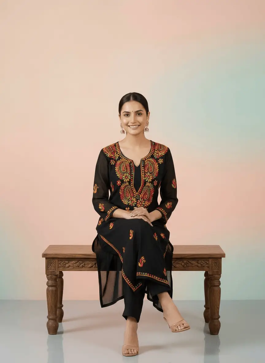 LCF Chiffon Hand Embroidered Chikankari Kurti - Multi Color Threads view 4