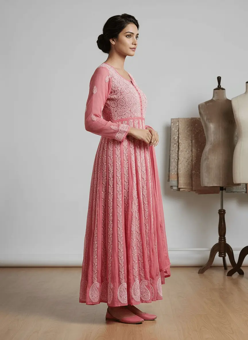 LCF Chiffon Hand Embroidered Chikan Anarkali - Rose Pink view 3