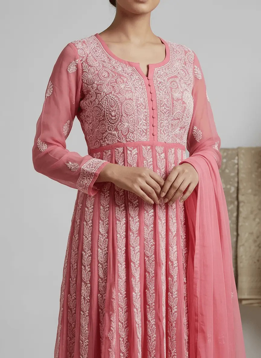 LCF Chiffon Hand Embroidered Chikan Anarkali - Rose Pink view 4