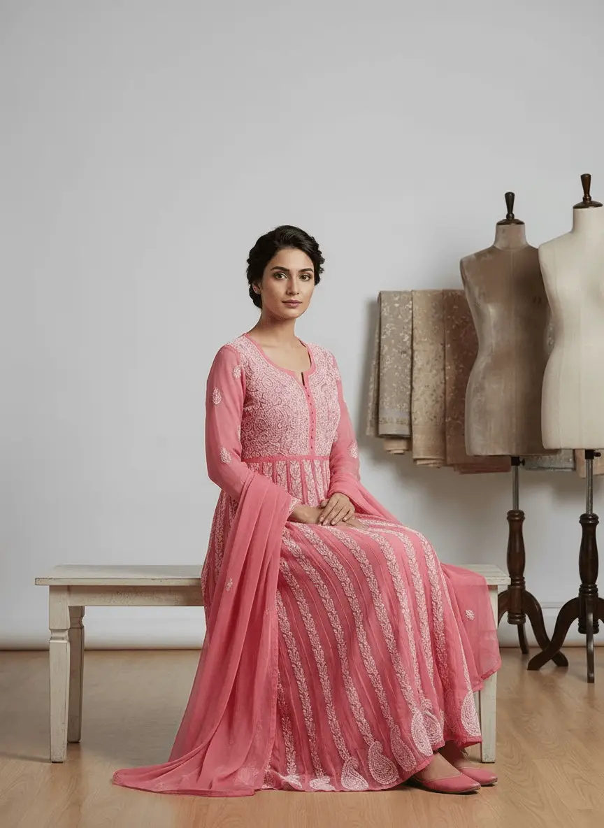 LCF Chiffon Hand Embroidered Chikan Anarkali - Rose Pink view 5