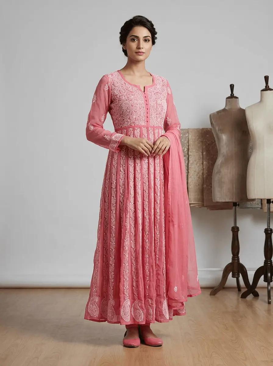 LCF Chiffon Hand Embroidered Chikan Anarkali - Rose Pink view 2