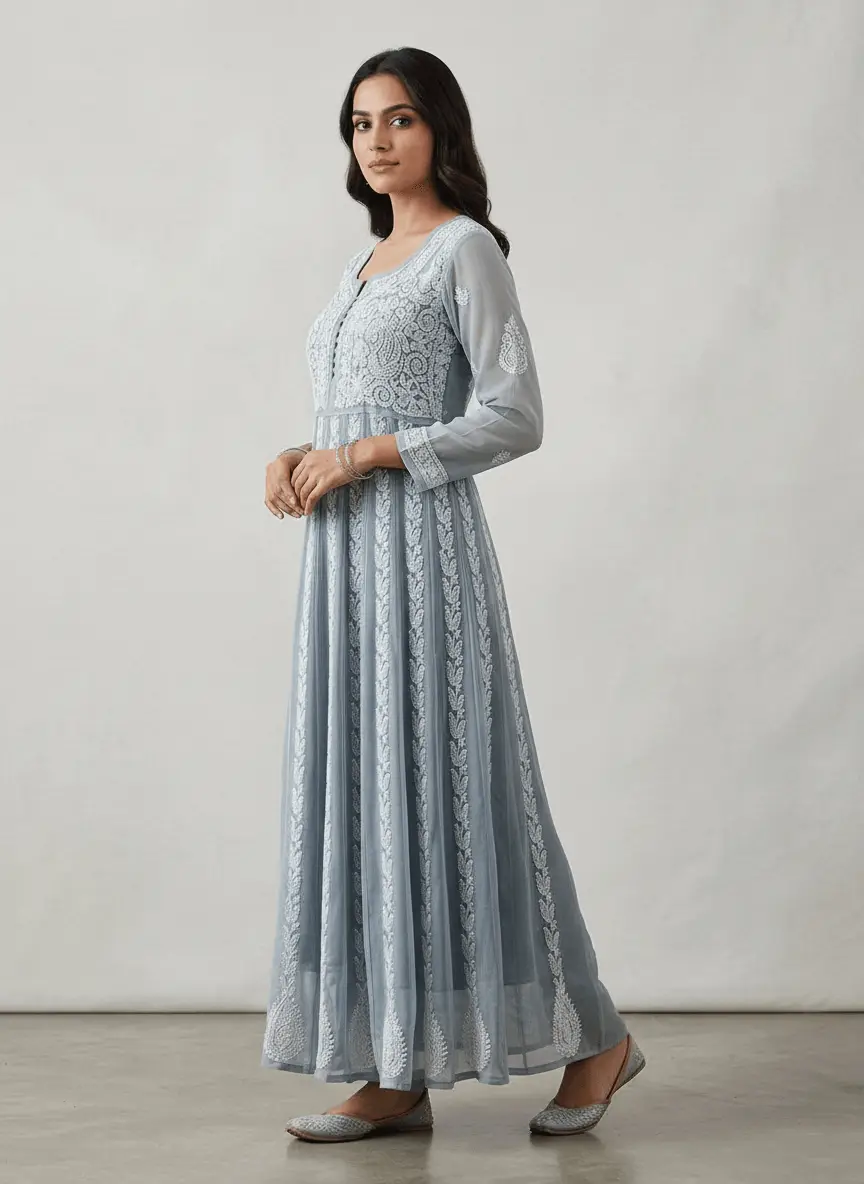 LCF Chiffon Hand Embroidered Chikan Anarkali - Grey view 2
