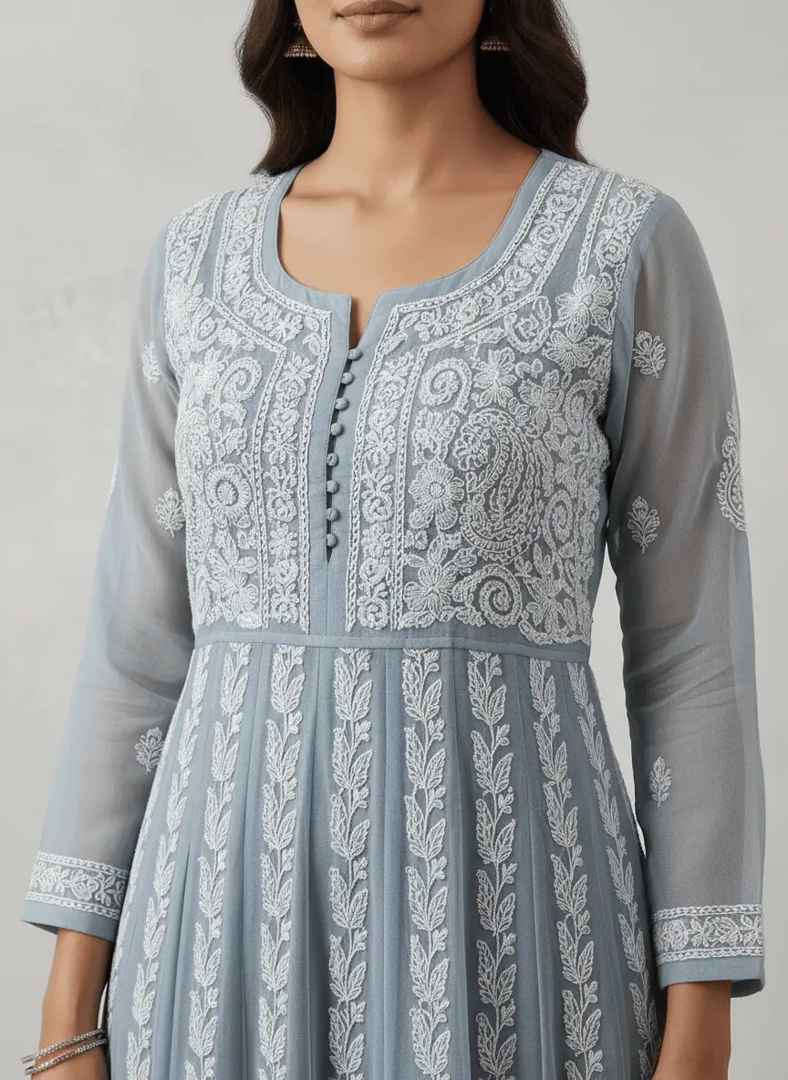 LCF Chiffon Hand Embroidered Chikan Anarkali - Grey view 3