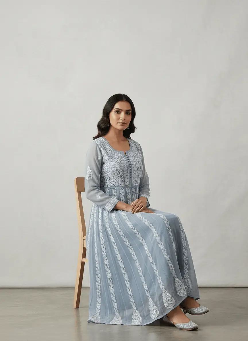 LCF Chiffon Hand Embroidered Chikan Anarkali - Grey view 4