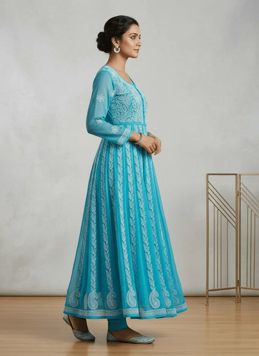 LCF Chiffon Hand Embroidered Chikan Anarkali - Sky Blue view 3