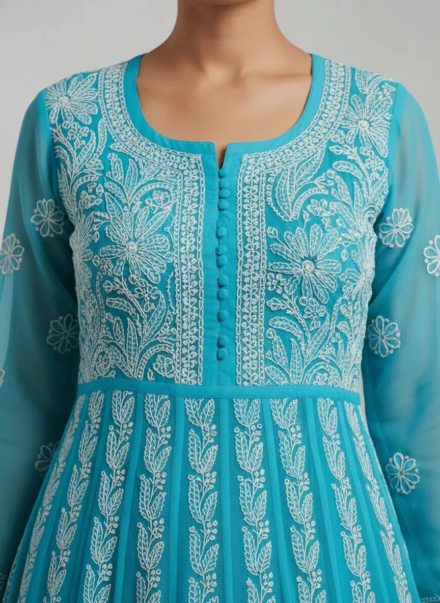 LCF Chiffon Hand Embroidered Chikan Anarkali - Sky Blue view 4
