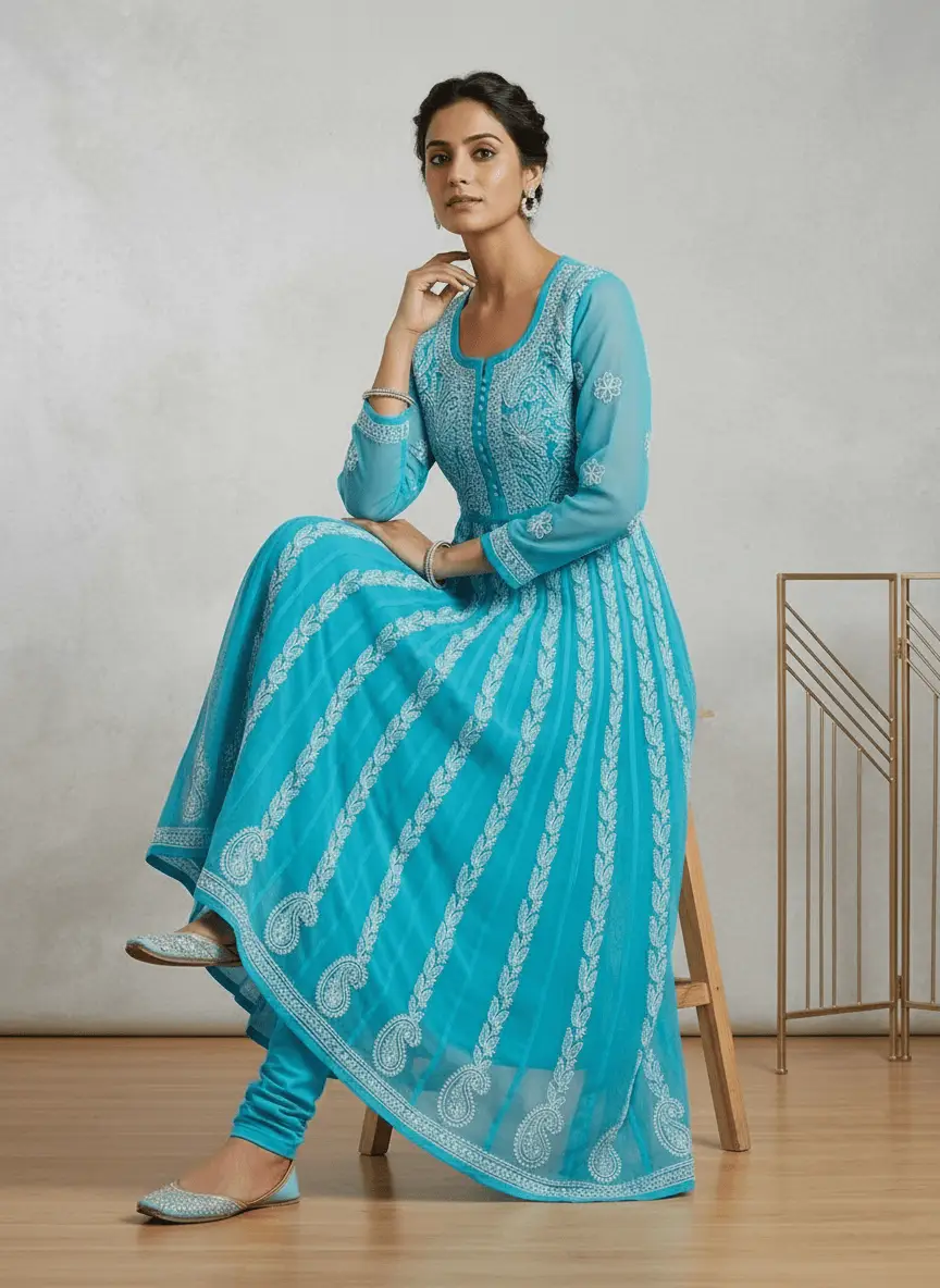 LCF Chiffon Hand Embroidered Chikan Anarkali - Sky Blue view 5