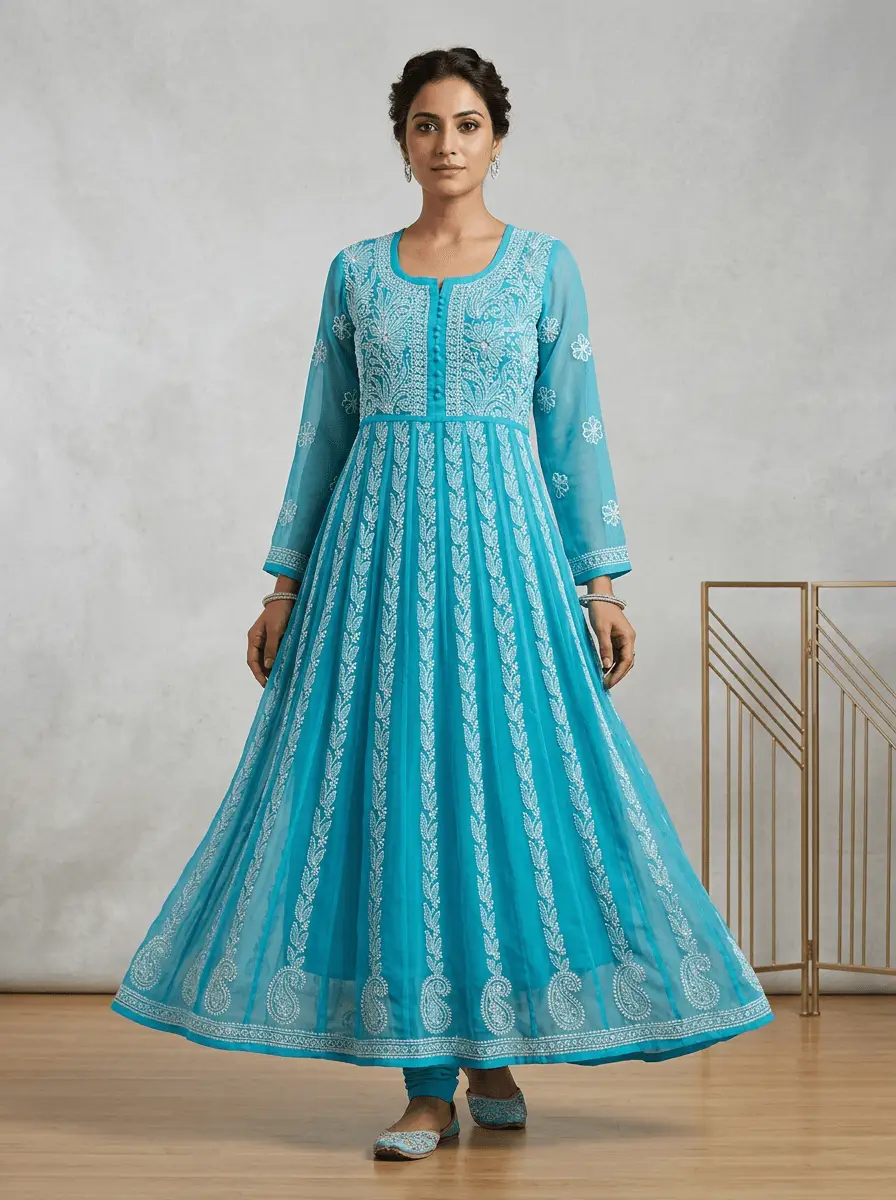 LCF Chiffon Hand Embroidered Chikan Anarkali - Sky Blue view 2