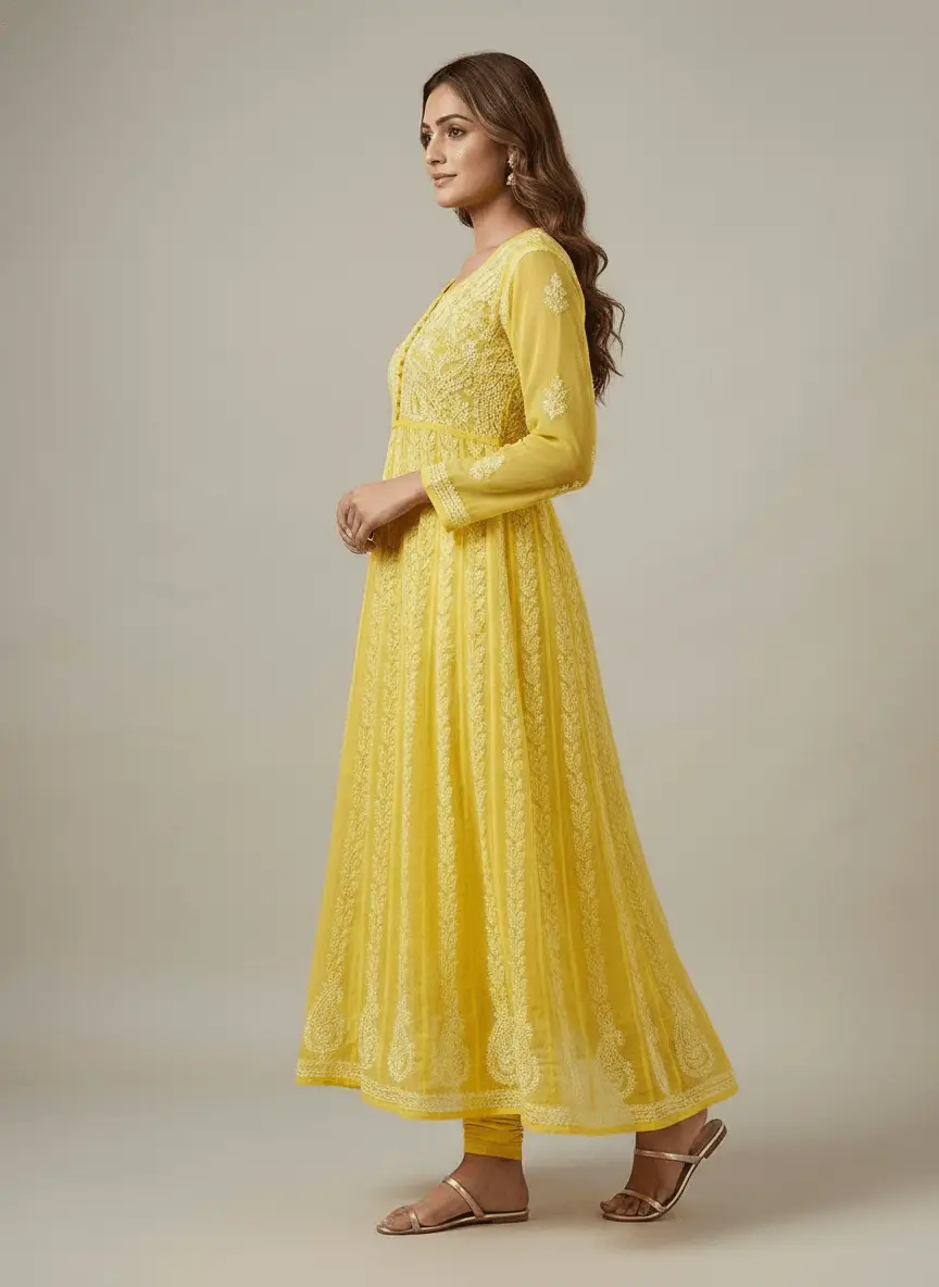 LCF Chiffon Hand Embroidered Chikan Anarkali - Yellow view 3