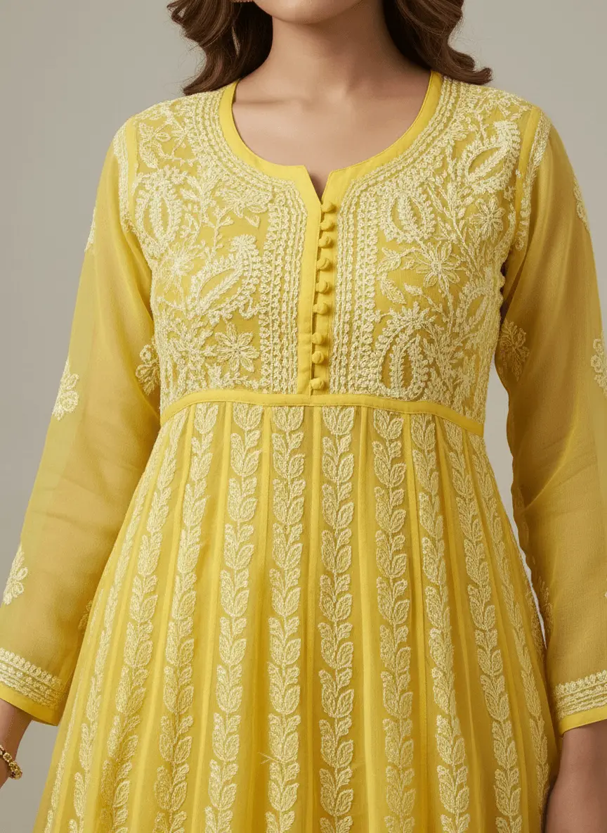 LCF Chiffon Hand Embroidered Chikan Anarkali - Yellow view 4