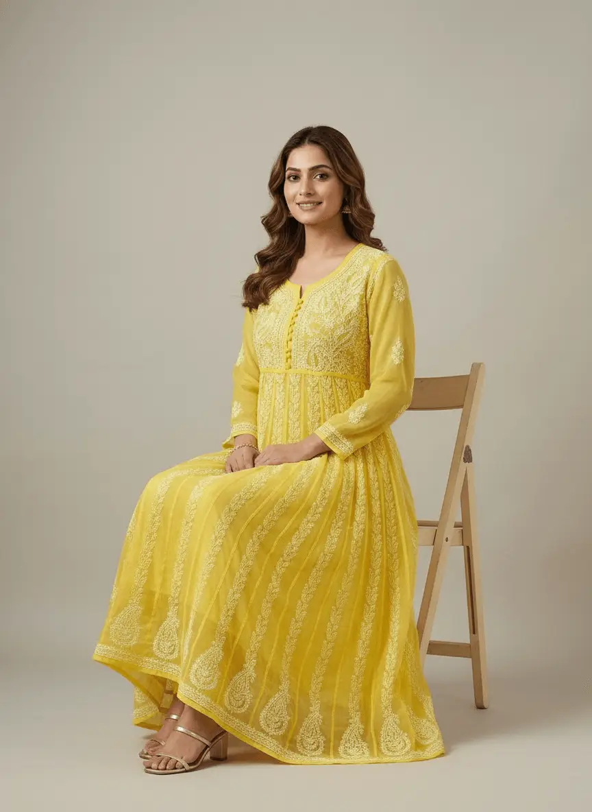 LCF Chiffon Hand Embroidered Chikan Anarkali - Yellow view 5