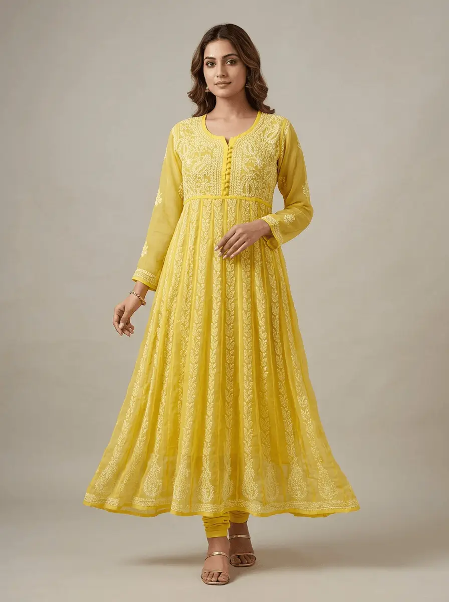 LCF Chiffon Hand Embroidered Chikan Anarkali - Yellow view 2