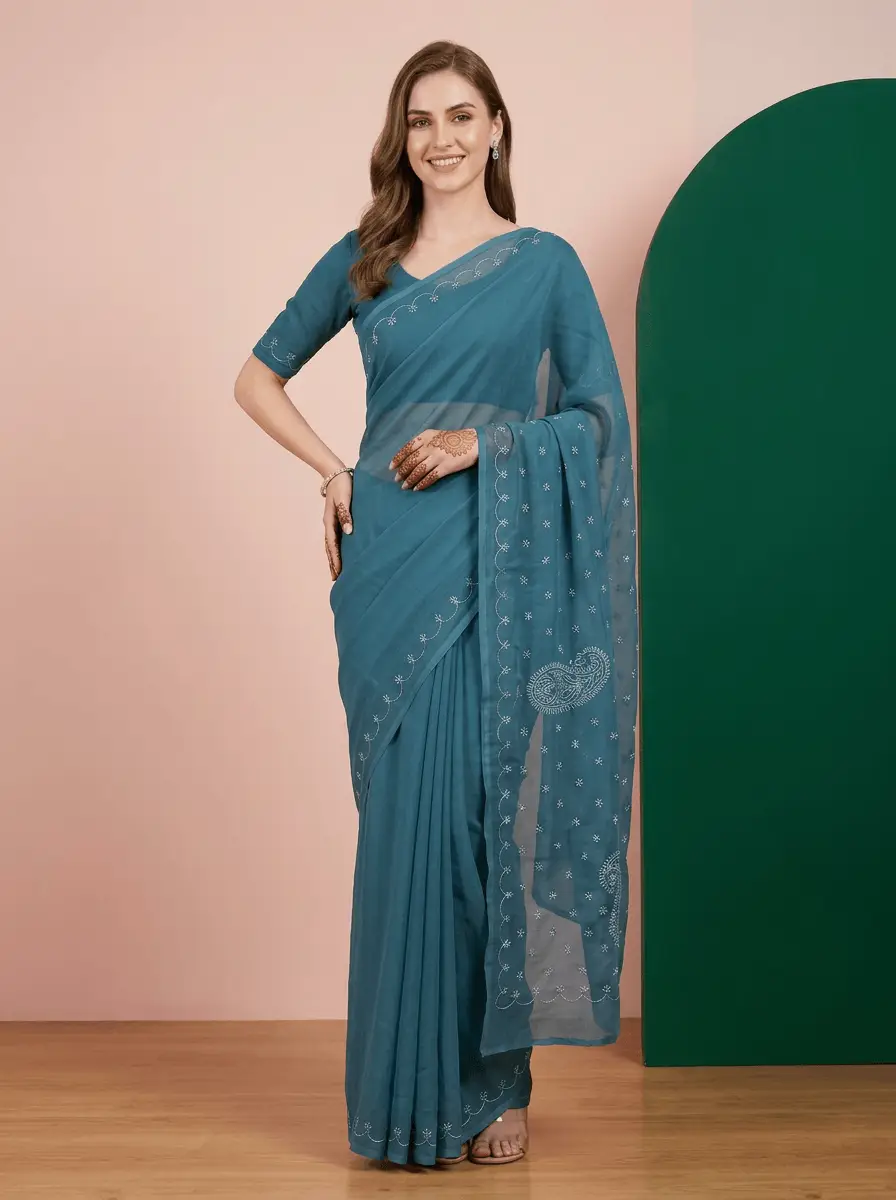 LCF  Chikan Hand  Embroidered Saree - Teal view 2