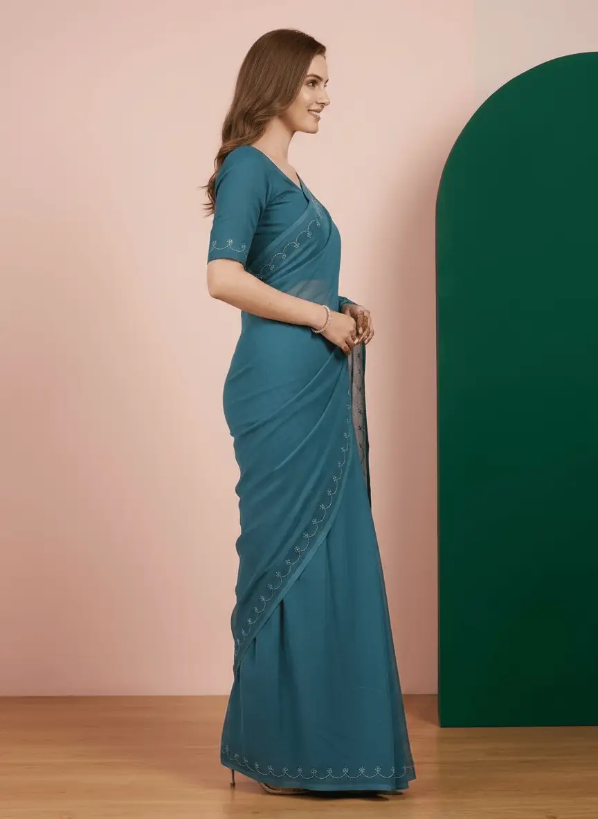 LCF  Chikan Hand  Embroidered Saree - Teal view 3