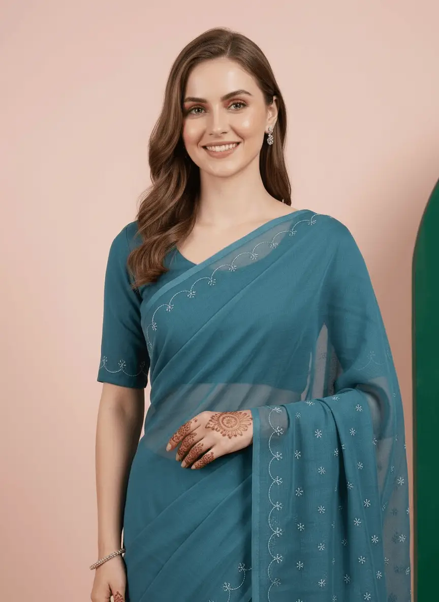 LCF  Chikan Hand  Embroidered Saree - Teal view 4