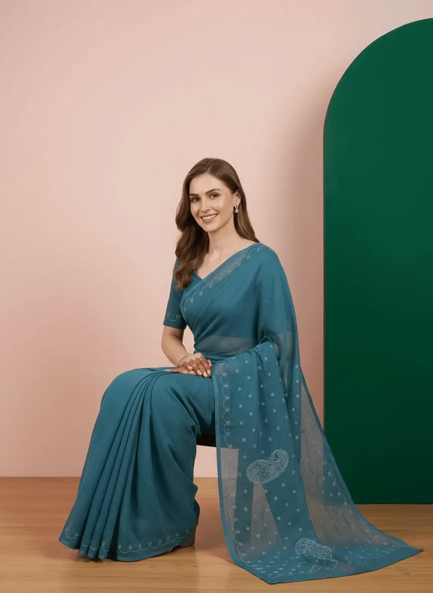 LCF  Chikan Hand  Embroidered Saree - Teal view 5