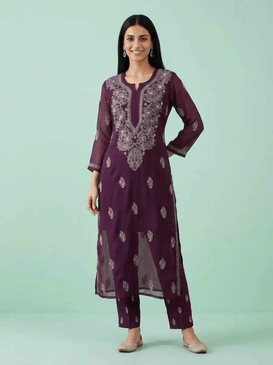 LCF Women's Chiffon Chikan Kurti - Purple