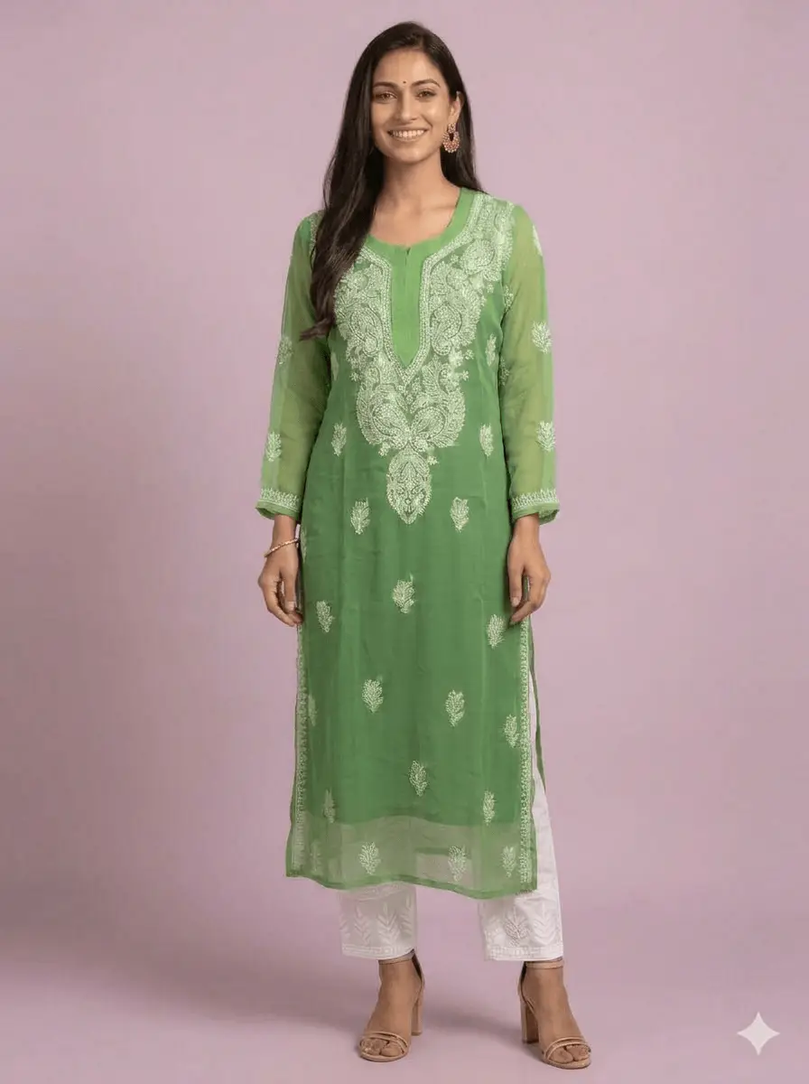 LCF Women's Chiffon Chikan Kurti - Green