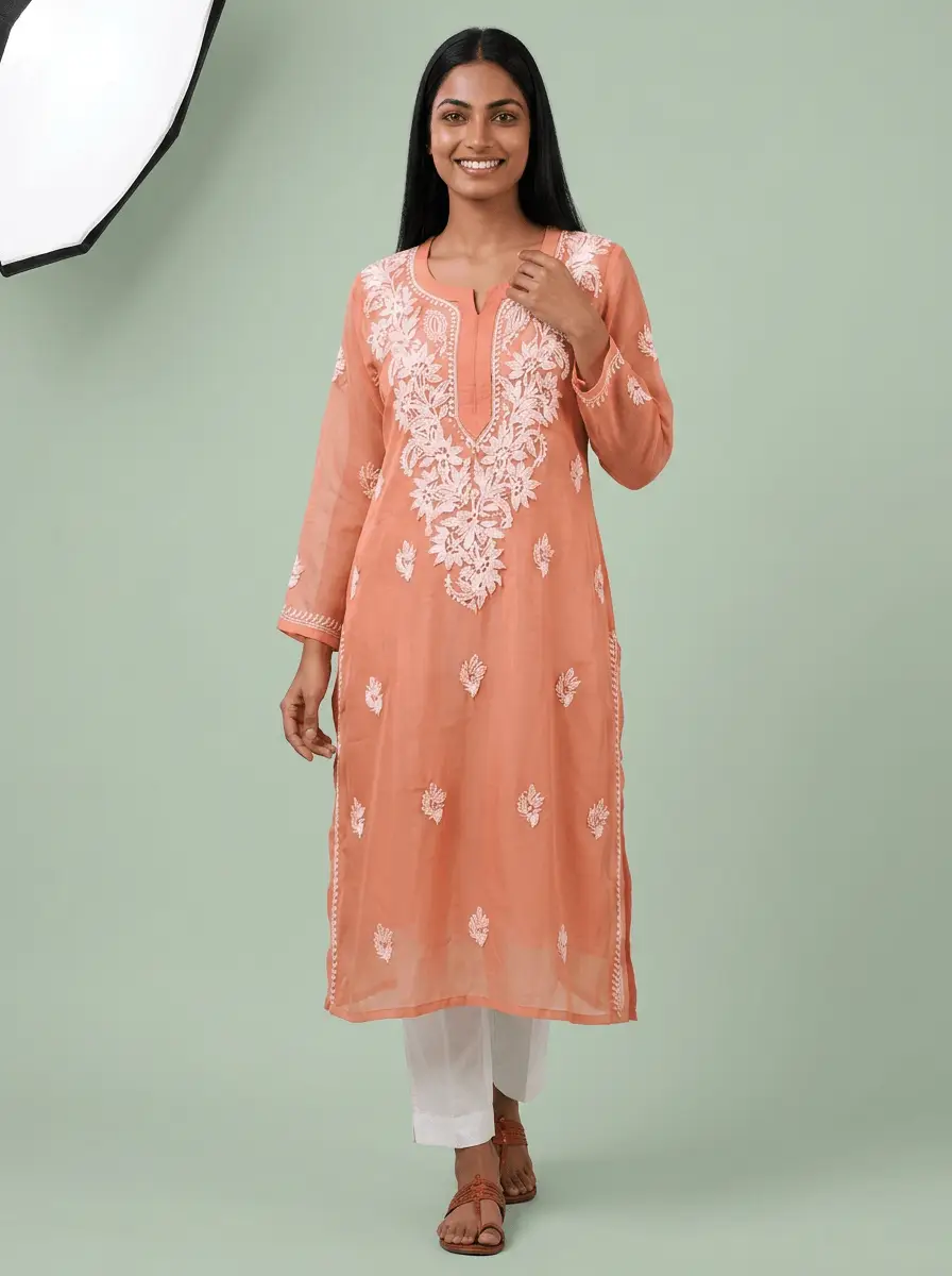 LCF Women's Chiffon Chikan Kurti - Peach