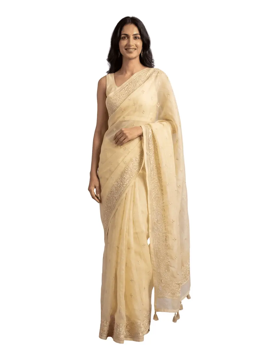 Chikan Embroidered Yellow Saree