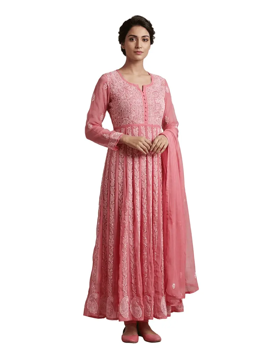 LCF Chiffon Hand Embroidered Chikan Anarkali - Rose Pink
