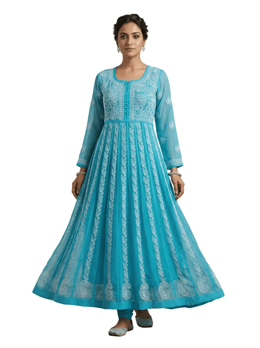 LCF Chiffon Hand Embroidered Chikan Anarkali - Sky Blue