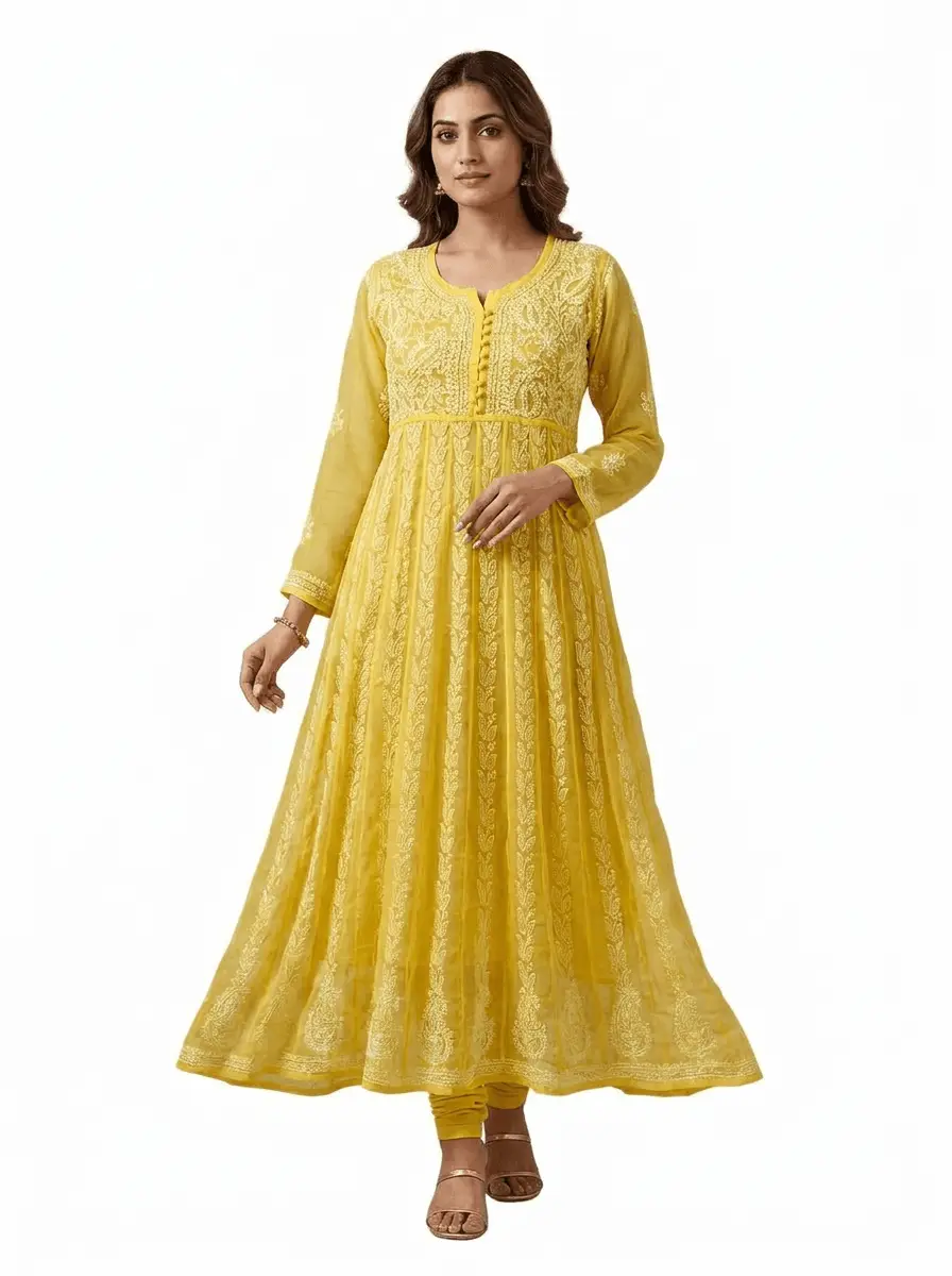 LCF Chiffon Hand Embroidered Chikan Anarkali - Yellow