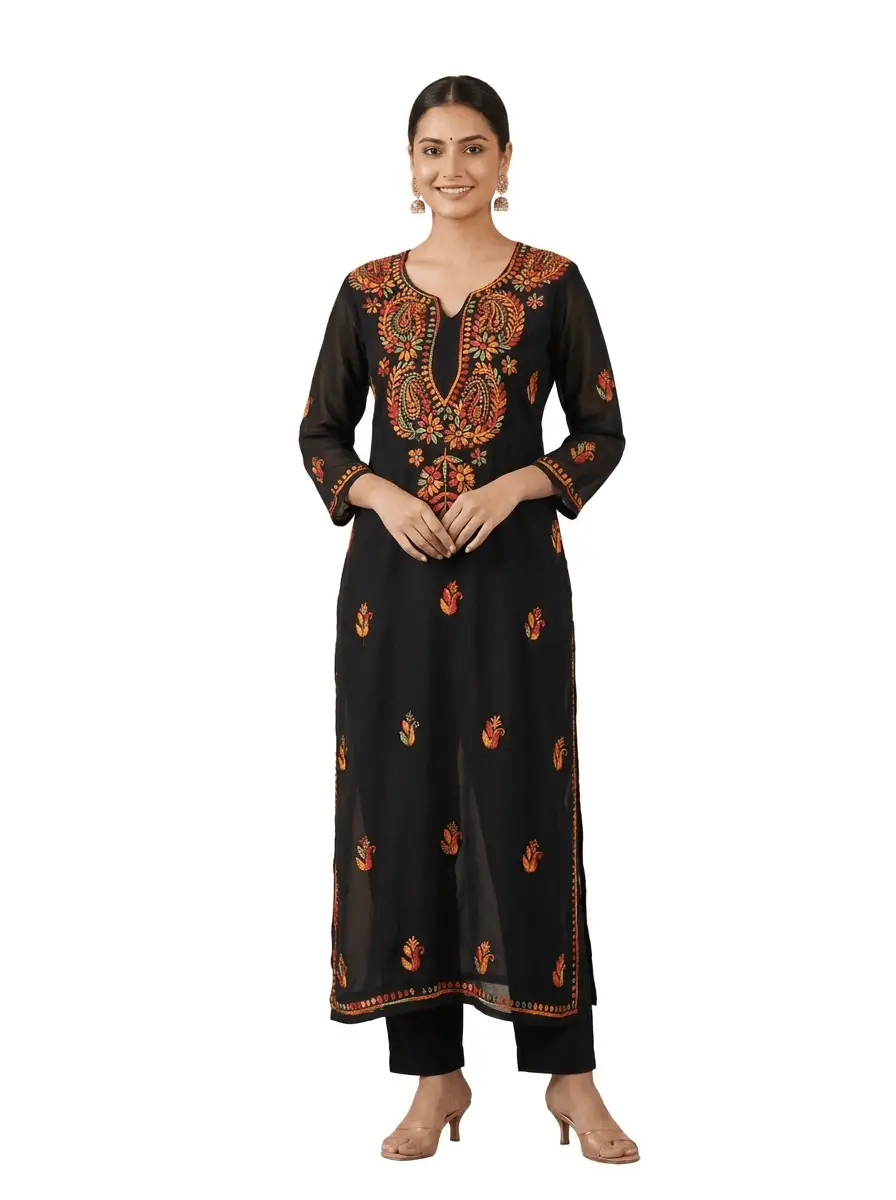 LCF Chiffon Hand Embroidered Chikankari Kurti - Multi Color Threads