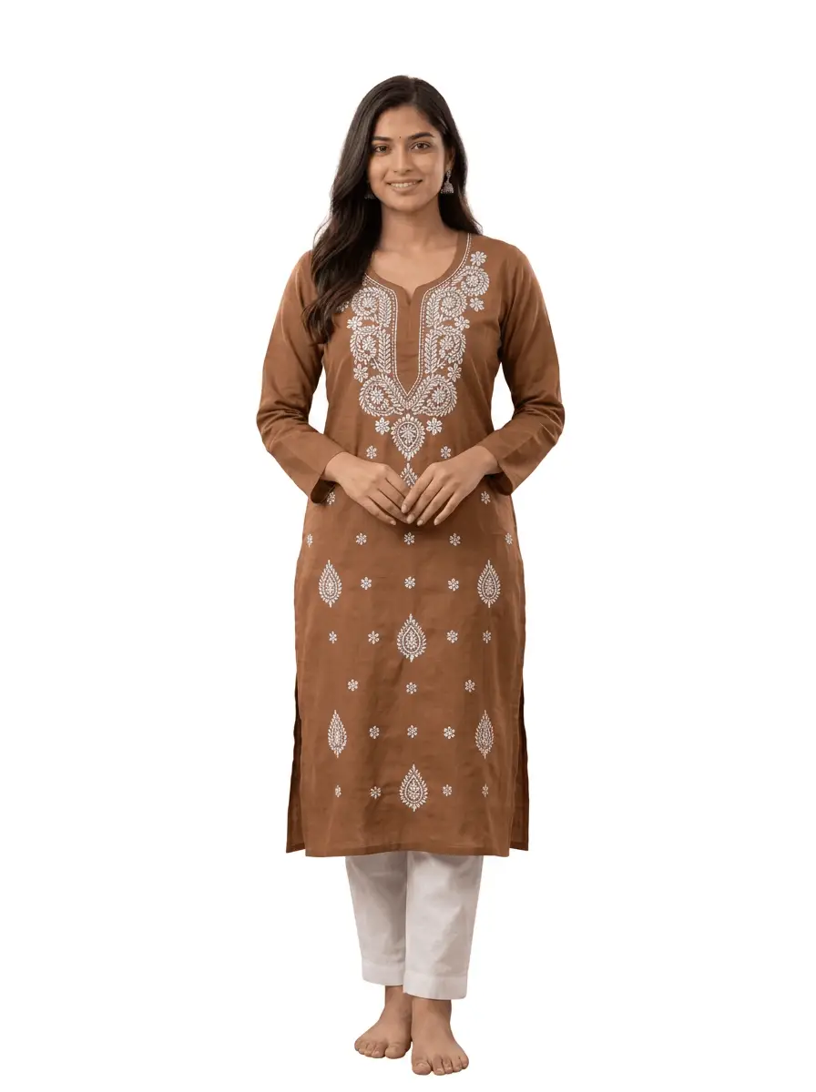 LCF Chikan Embroidered Kurti - Brown