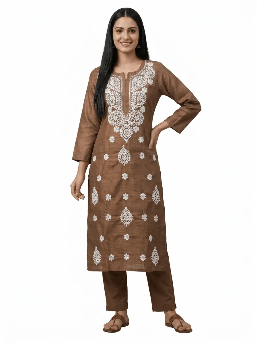 LCF Chikan Embroidered Kurti - Dark Brown