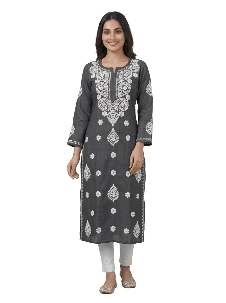 LCF Chikan Embroidered Kurti - Dark Grey