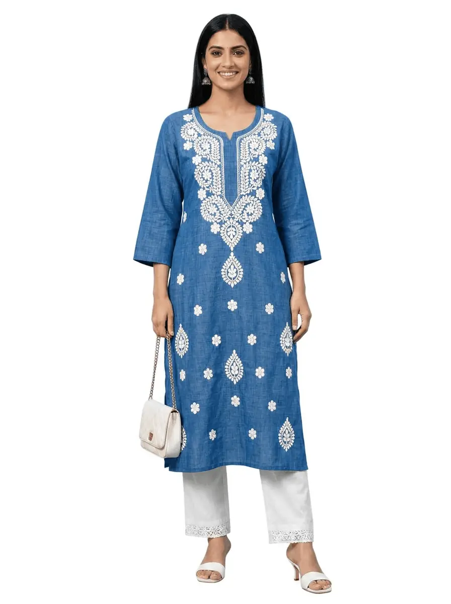 LCF Chikan Embroidered Kurti - Royal Blue