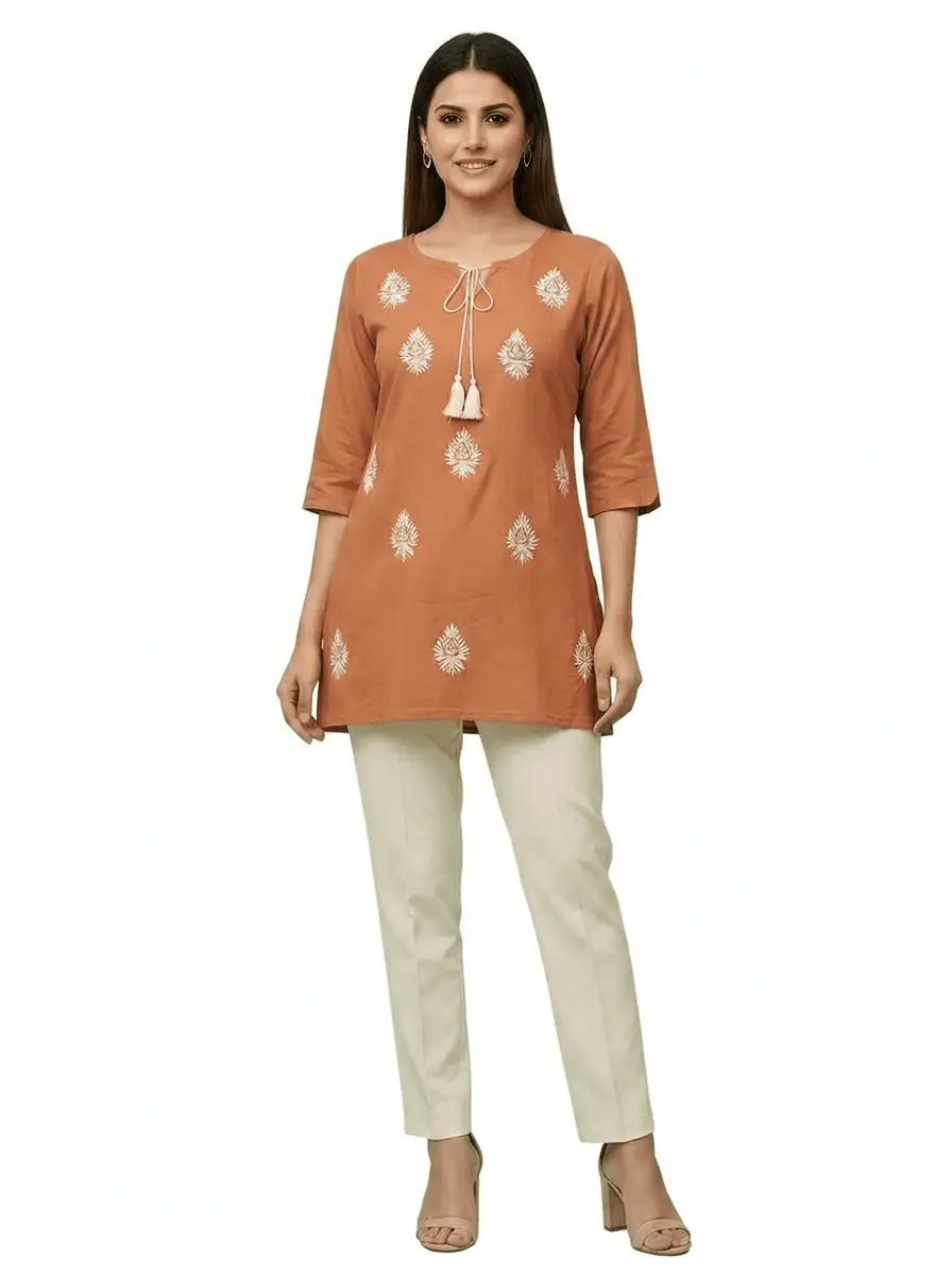 LCF Hand Embroidered Chikan Short Kurti - Beige