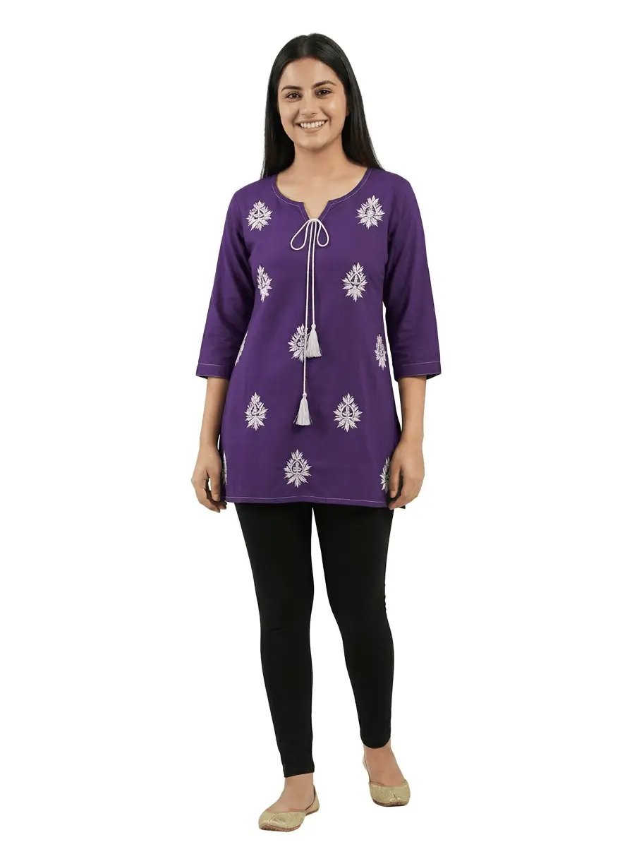 LCF Hand Embroidered Chikan Short Kurti - Purple