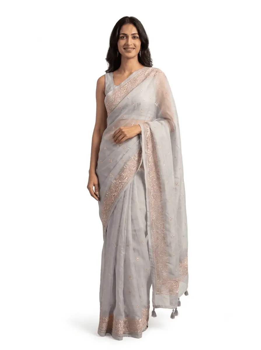 Chikan Embroidered Grey Saree