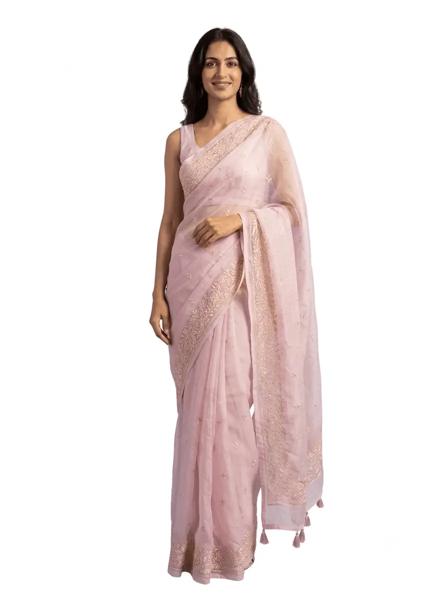Chikan Embroidered Pink Saree
