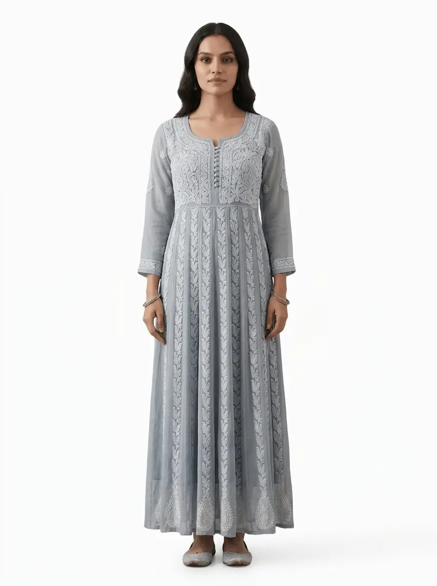 LCF Chiffon Hand Embroidered Chikan Anarkali - Grey