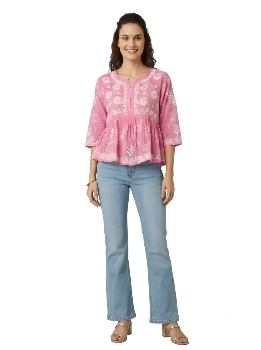 LCF Chikan Embroidered Crop Top - Pink